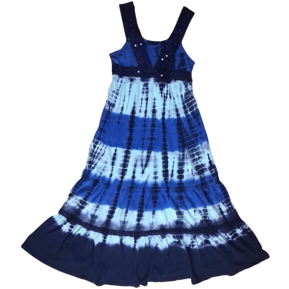 Justice Girls Sz 7 Blue Tie Dye Sleeveless Maxi Dress Navy Summer Cotton‎ Long